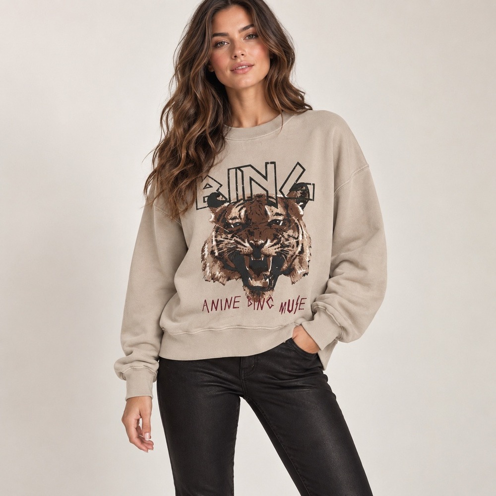 ANINE BING Muse Tiger Sweatshirt Sand Beige Small Streetwear Rock Edgy Grunge